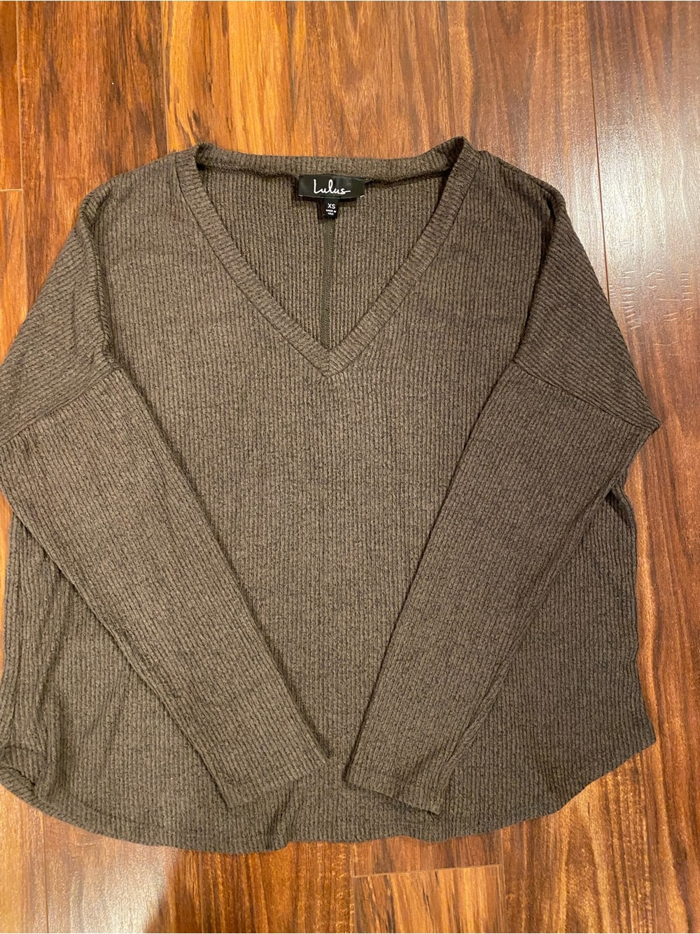 Lulu's Melange Ribbed V-Neck Top Heathered Olive sz XS